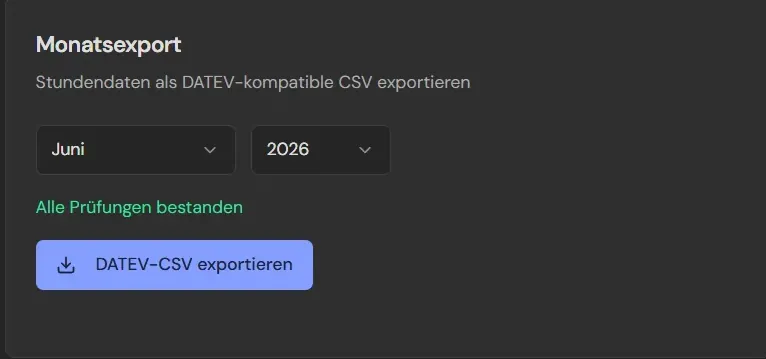 DATEV-Export-Seite mit Monatsauswahl, Prüfhinweis und Knopf DATEV-CSV exportieren