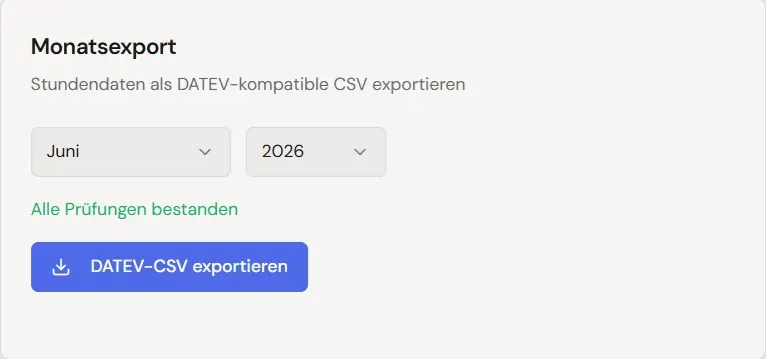 DATEV-Export-Seite mit Monatsauswahl, Prüfhinweis und Knopf DATEV-CSV exportieren