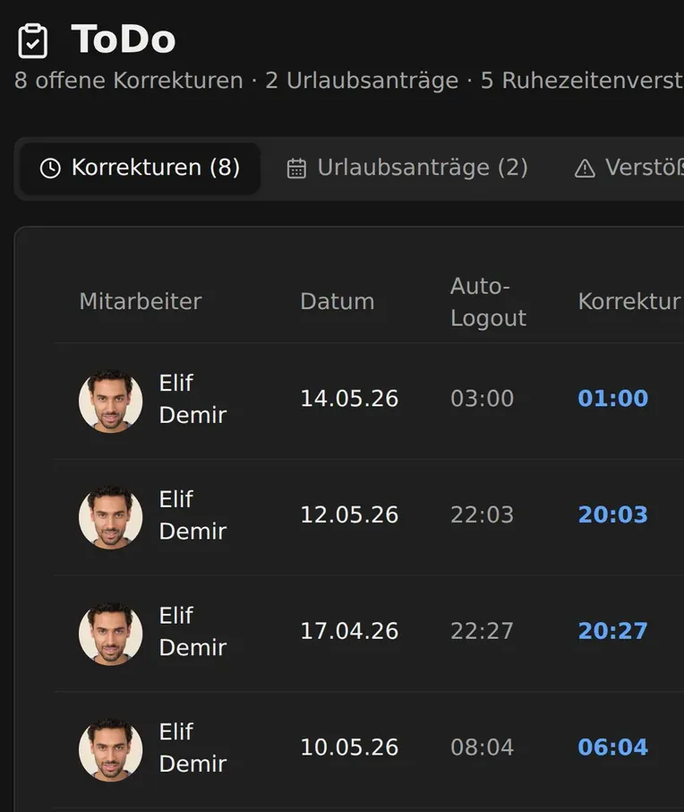 ToDo-Seite mit offenen Korrekturen nach automatischer Ausstempelung, je Zeile Korrigieren und Genehmigen
