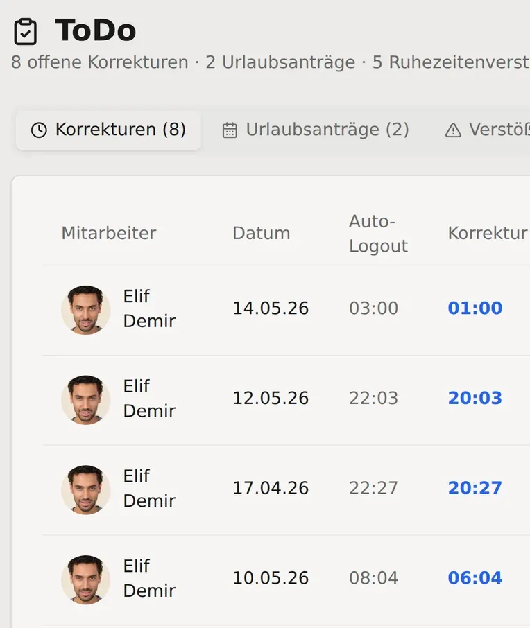 ToDo-Seite mit offenen Korrekturen nach automatischer Ausstempelung, je Zeile Korrigieren und Genehmigen