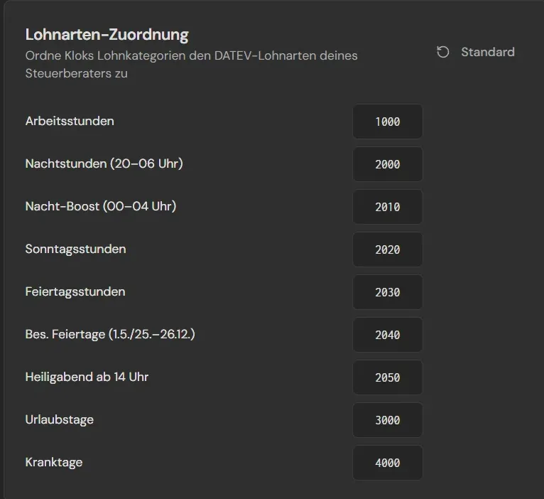 Lohnarten-Zuordnung: Arbeits-, Nacht-, Sonntags- und Feiertagsstunden mit den Lohnartnummern des Steuerberaters