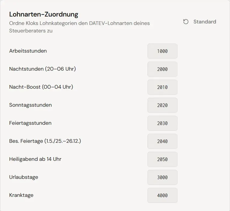 Lohnarten-Zuordnung: Arbeits-, Nacht-, Sonntags- und Feiertagsstunden mit den Lohnartnummern des Steuerberaters