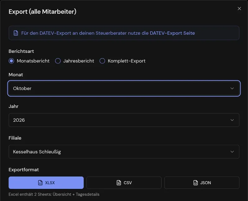 Export-Dialog mit Berichtsart Monatsbericht, Monat, Filiale und Format XLSX, CSV oder JSON