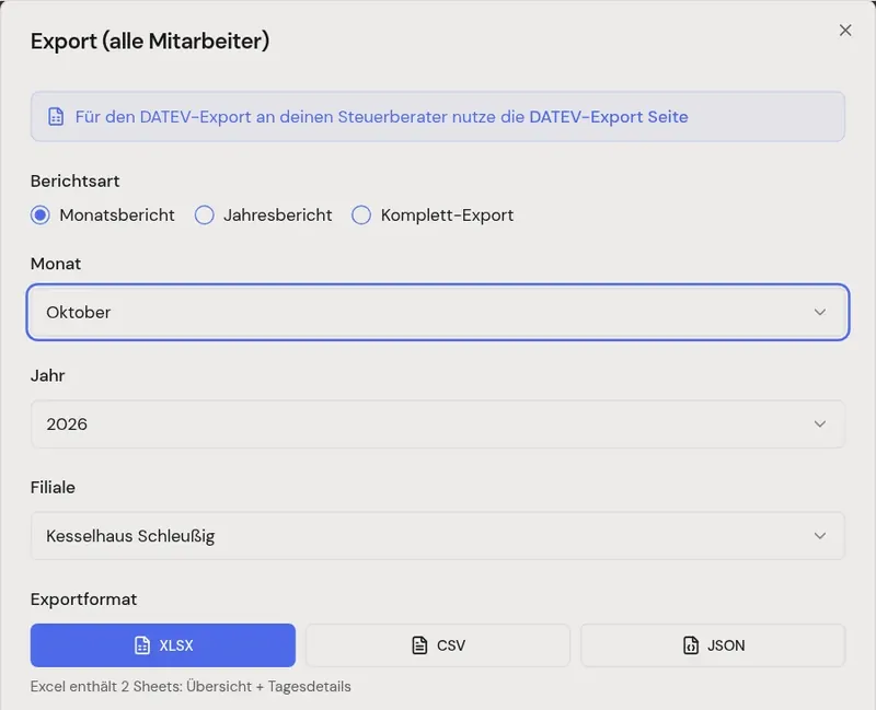 Export-Dialog mit Berichtsart Monatsbericht, Monat, Filiale und Format XLSX, CSV oder JSON