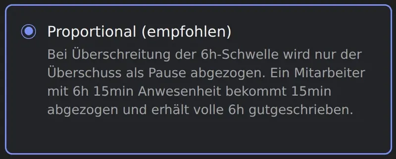 Pausenregeln in Klok: Abzugsmodus proportional, also nur der Überschuss über der Schwelle wird abgezogen