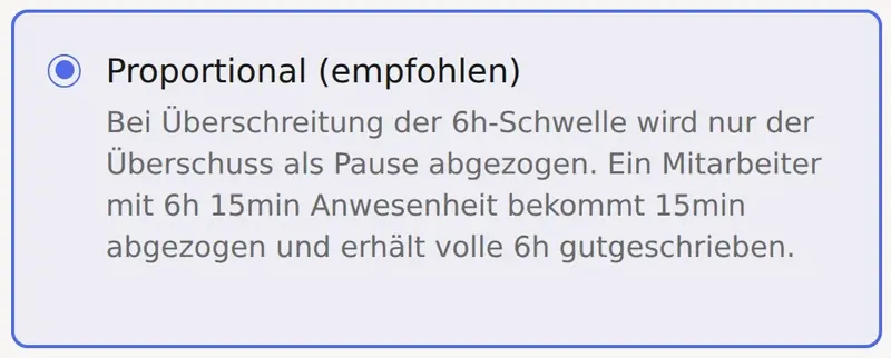 Pausenregeln in Klok: Abzugsmodus proportional, also nur der Überschuss über der Schwelle wird abgezogen