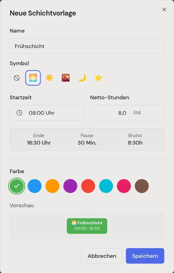 Dialog Neue Schichtvorlage: Startzeit und Netto-Stunden, daraus berechnet Ende, Pause und Brutto, dazu Farbe und Vorschau