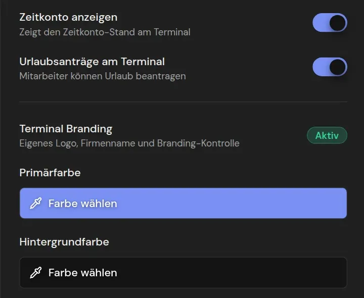 Terminal-Anpassung im Adminbereich: Zeitkonto und Urlaubsanträge am Terminal einschalten, Farben und Logo festlegen