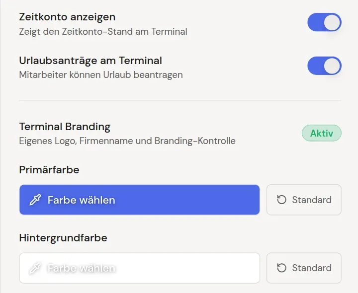 Terminal-Anpassung im Adminbereich: Zeitkonto und Urlaubsanträge am Terminal einschalten, Farben und Logo festlegen