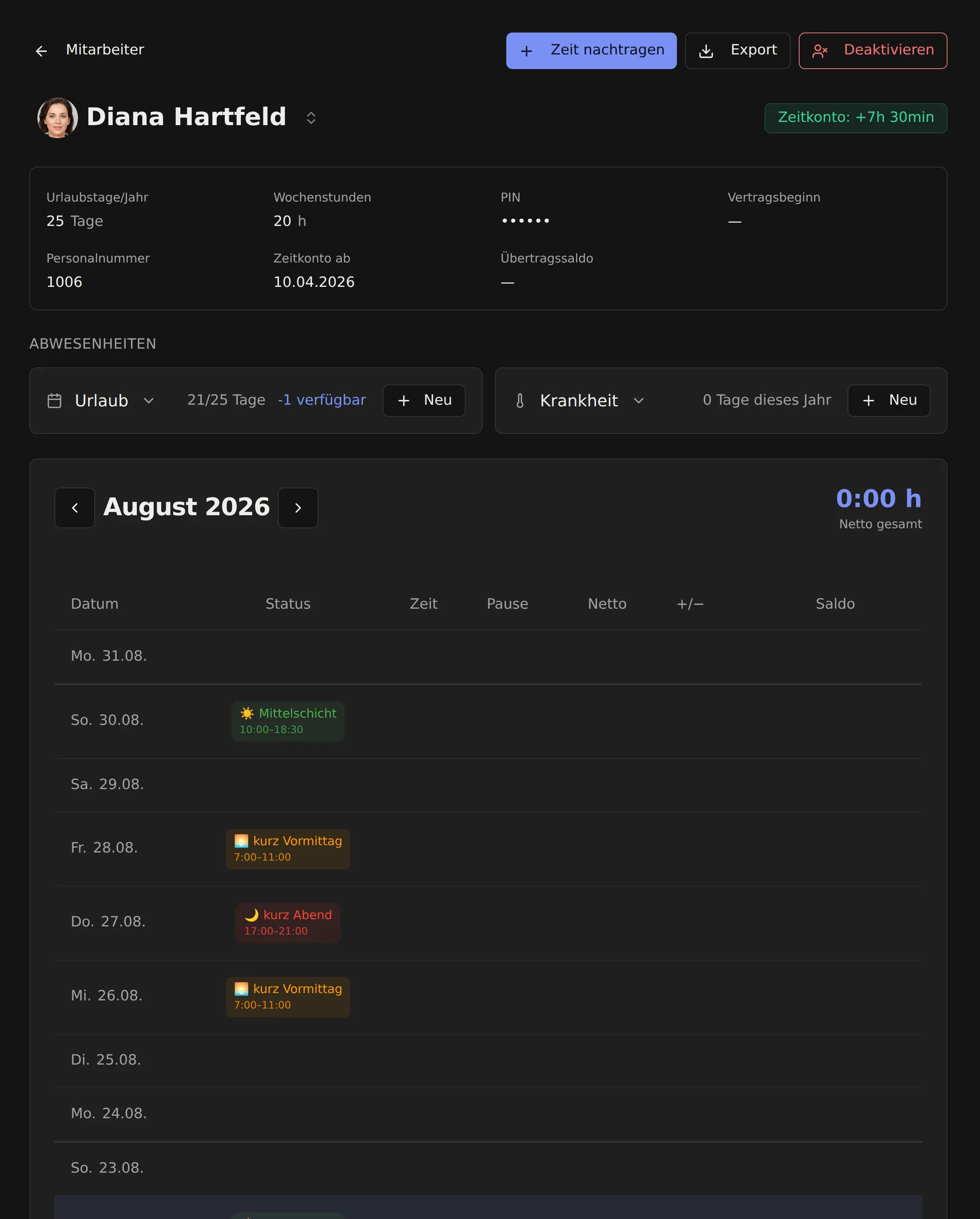 Klok Zeitkonto — Original-Screenshot aus der App