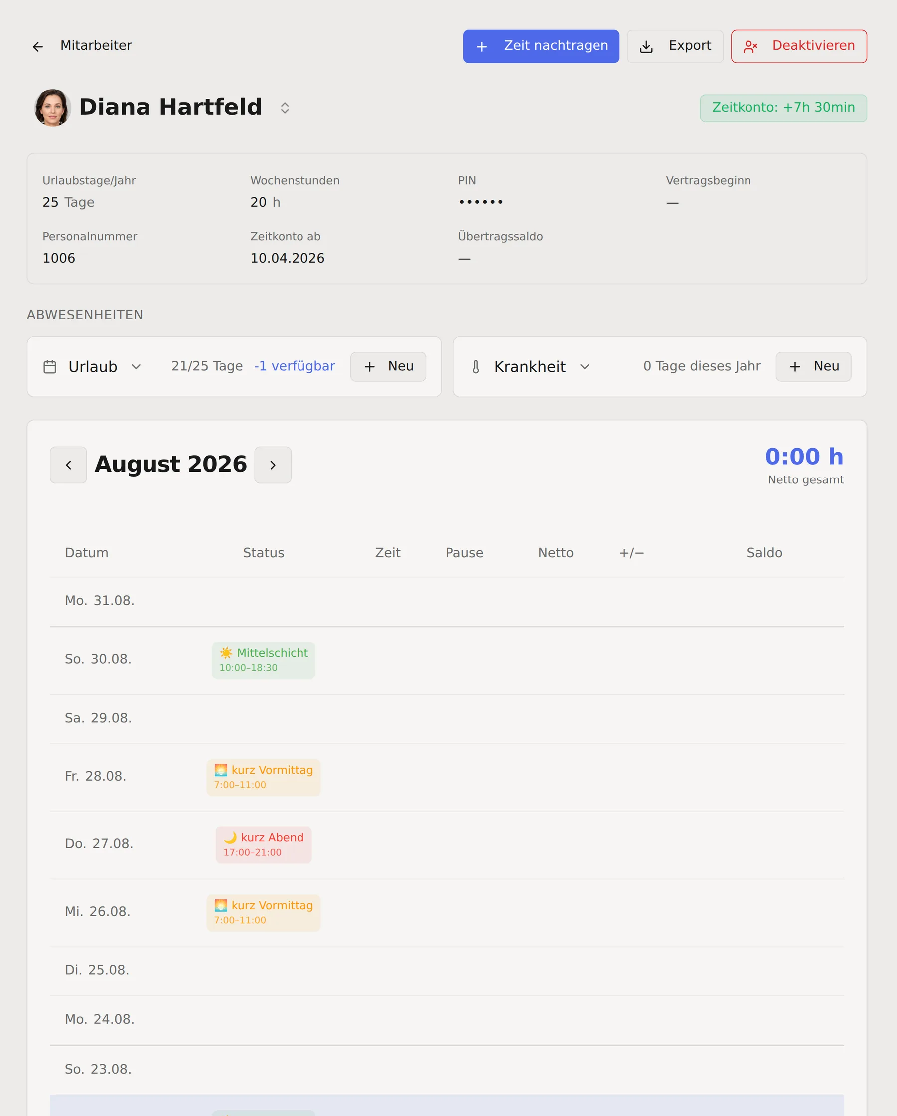 Klok Zeitkonto — Original-Screenshot aus der App